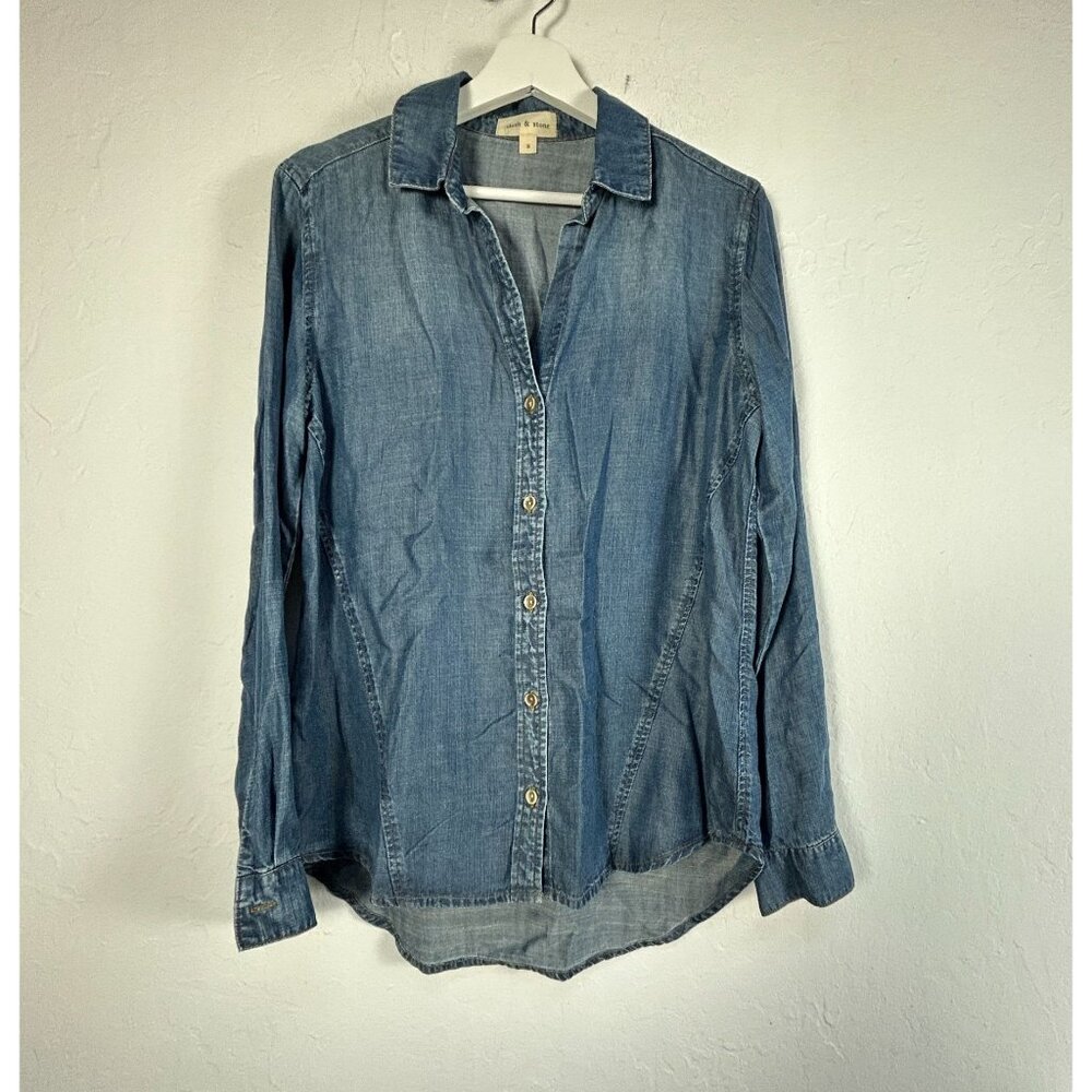 Cloth & Stone Womens Chambray Denim Button-Up Shirt Top Small Blue Long Sleeve